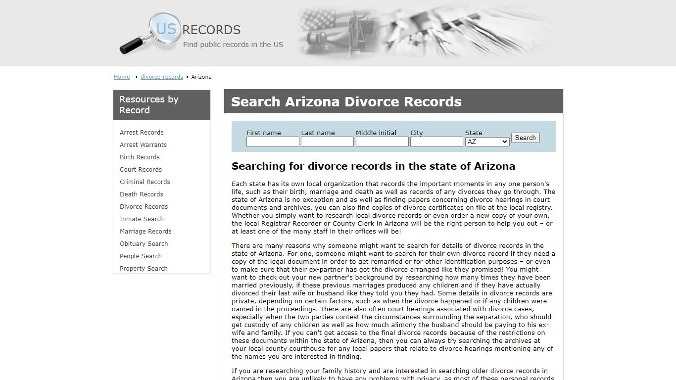 Search Divorce Records Arizona | US Records