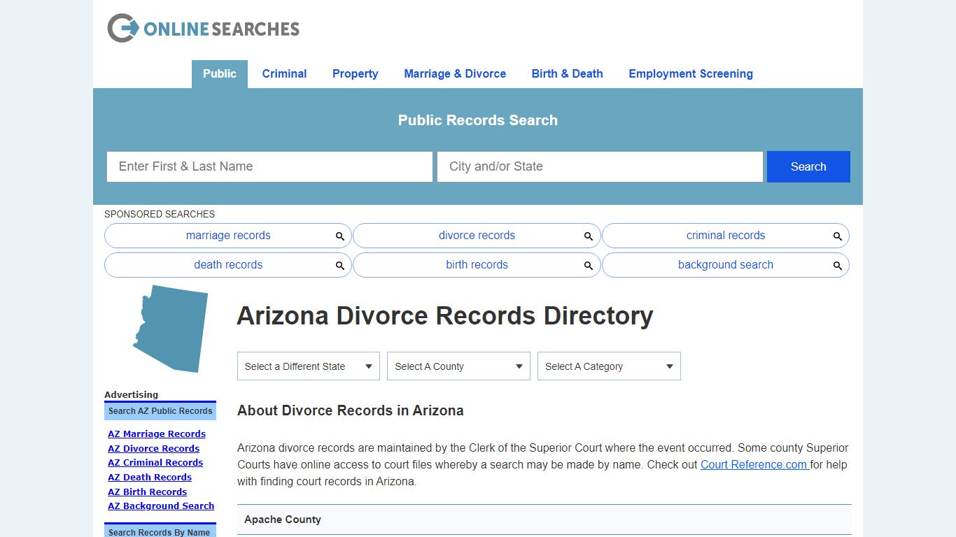 Arizona Divorce Records Search Directory - OnlineSearches.com